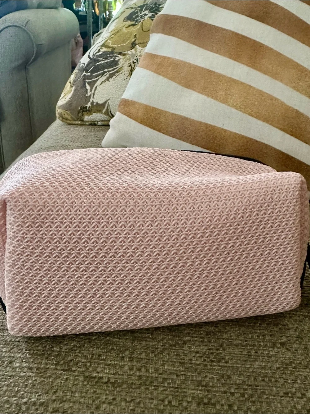 Lancôme Pink Woven Cosmetic Pouch With Black Trim. NEW